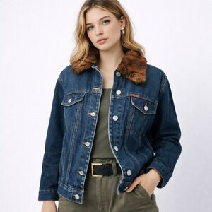 Ralph Lauren Jeans Co Womens Jean Jacket Y2K Faux Fur Collar Vintage Medium‎